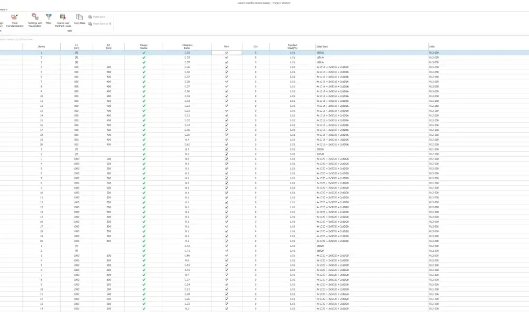 Tableau du logiciel listant ligne par ligne les résultats de dimensionnement des éléments d'un immeuble résidentiel