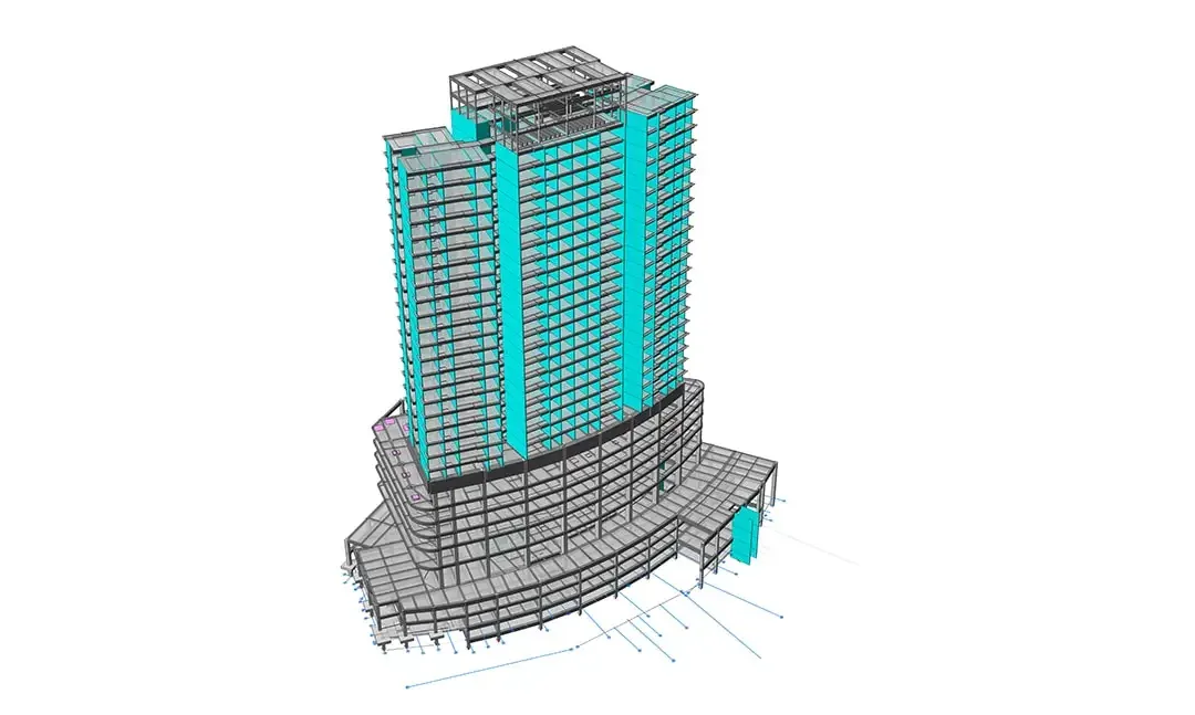 Modèle résidentiel de grande hauteur vu de face, avec les noyaux de la tour au-dessus de la façade incurvée du podium