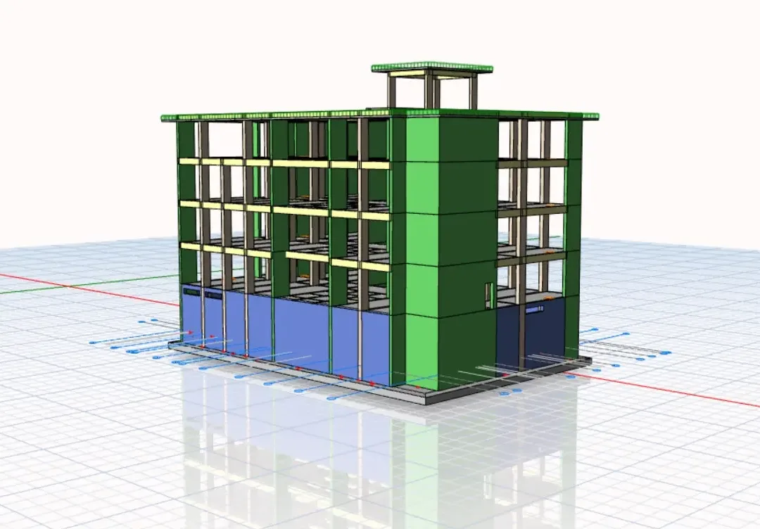 Modèle structurel d'un bâtiment scolaire de quatre niveaux avec voiles de contreventement verts et pavillon de toiture
