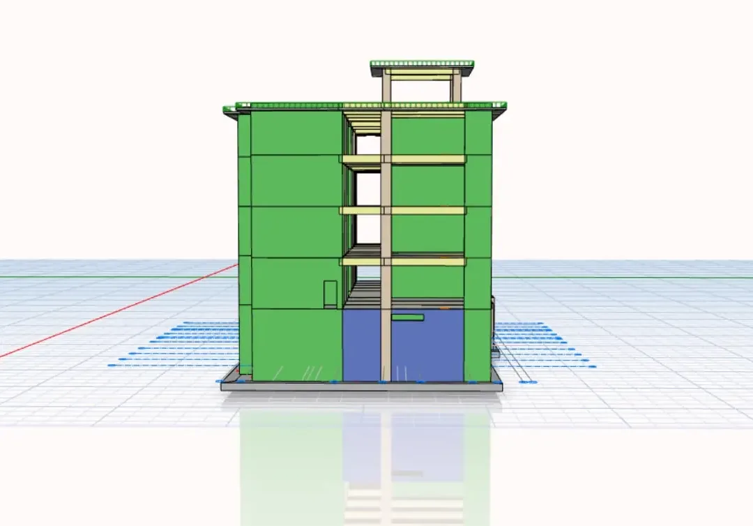 Élévation du modèle d'un bâtiment scolaire avec panneaux de façade verts au-dessus d'un niveau de sous-sol bleu