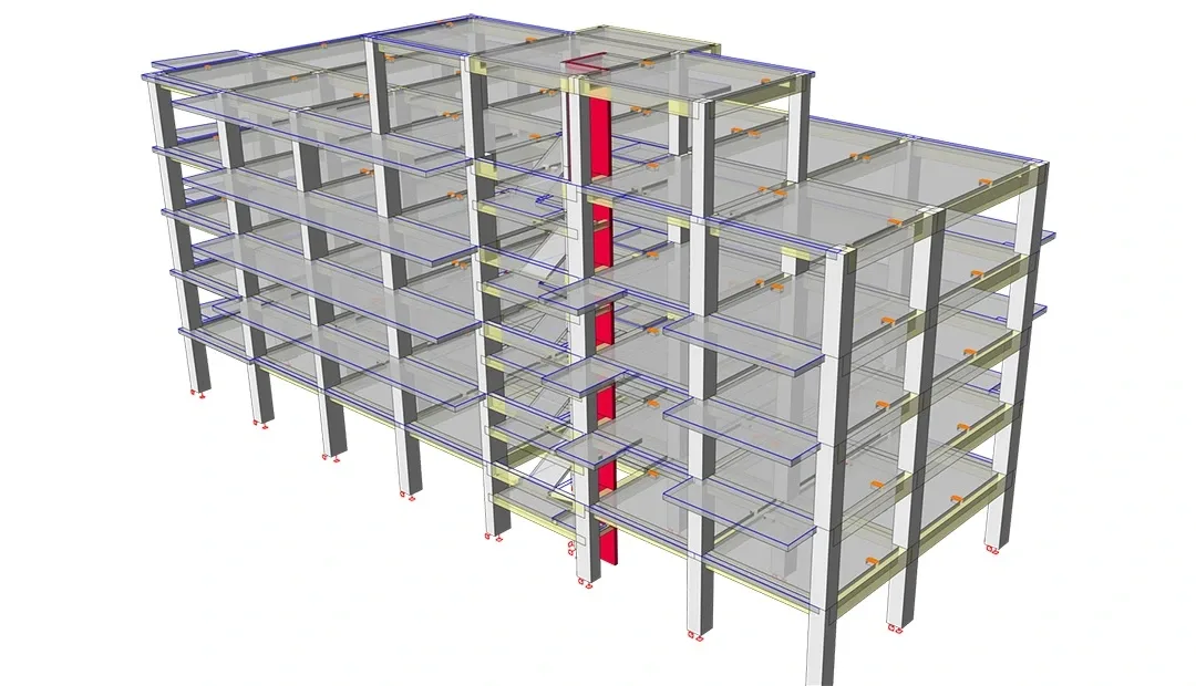 Modèle structurel d'un immeuble résidentiel de cinq niveaux avec noyau d'escalier rouge et dalles de balcon en porte-à-faux