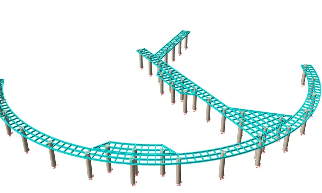 Passerelle surélevée incurvée avec embranchement, modélisée en tablier treillis sur poteaux circulaires