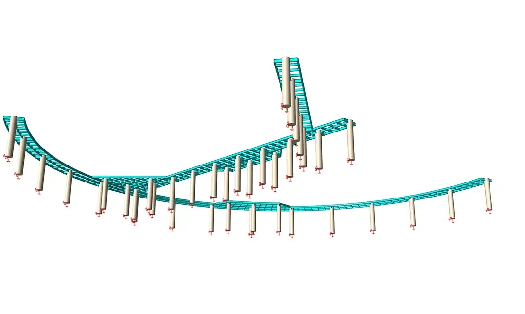 Modèle de longue passerelle surélevée suivant un tracé en S sur des poteaux régulièrement espacés