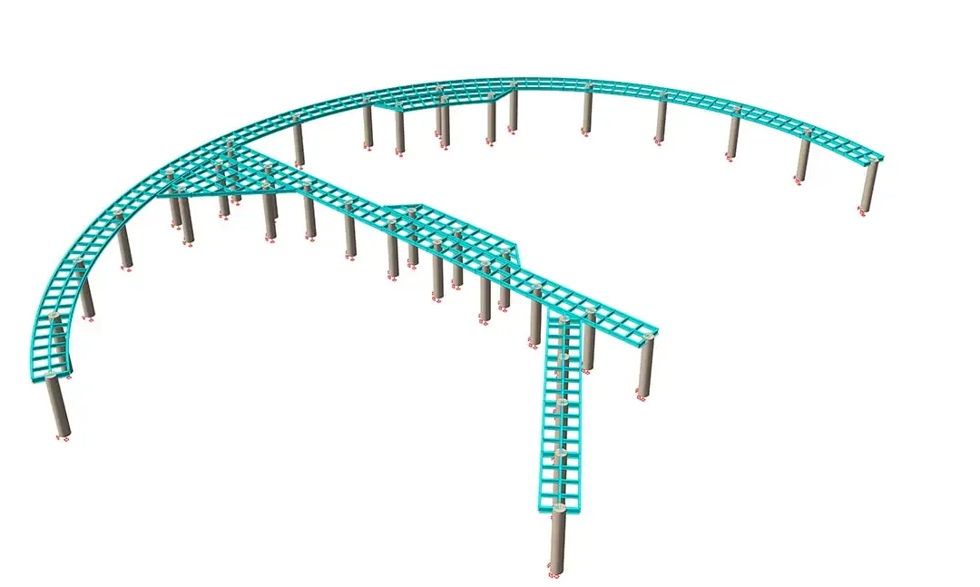 Passerelle surélevée incurvée modélisée en tablier treillis porté par une file de poteaux circulaires
