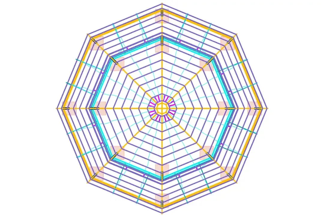 Vue en plan d'une ossature de toiture octogonale montrant l'implantation des chevrons radiaux et les poutres annulaires concentriques