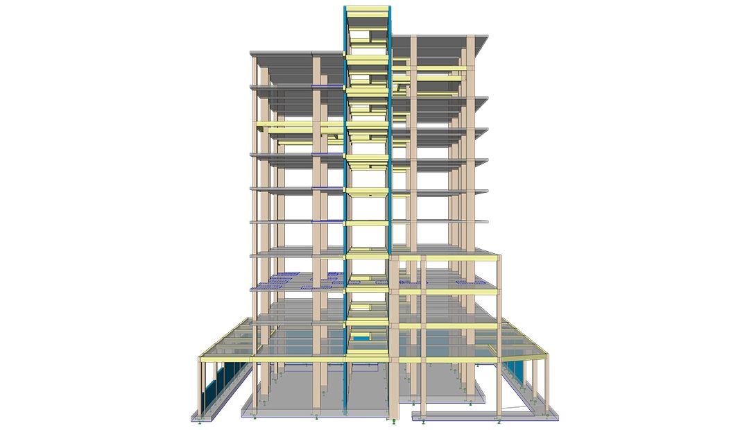 Vue en élévation du modèle BIM d'un immeuble résidentiel de grande hauteur montrant les poteaux verticaux et les dalles de plancher
