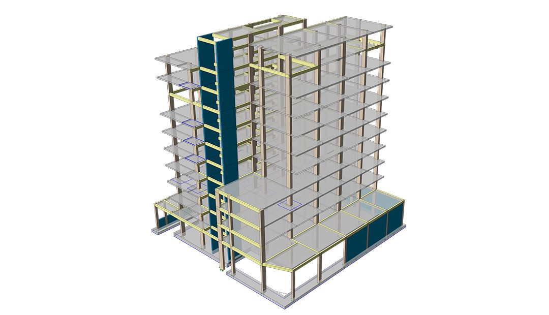 Modèle structurel isométrique d'un immeuble de grande hauteur avec noyau vertical et planchers mis en évidence