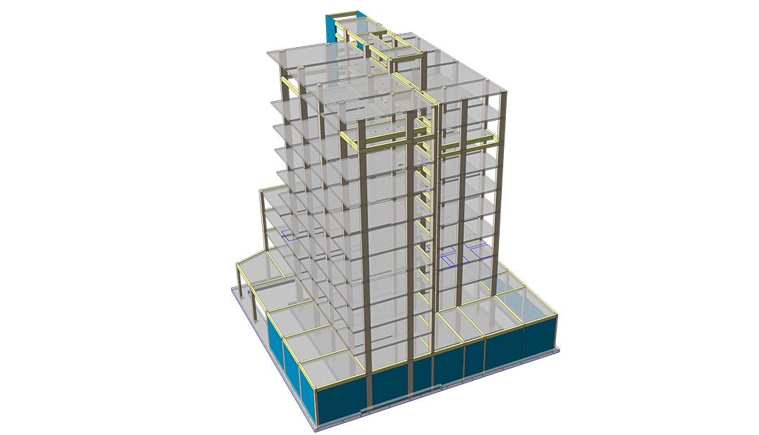 Autre vue isométrique du modèle BIM structurel d'un bâtiment à plusieurs niveaux avec ossature de fondation