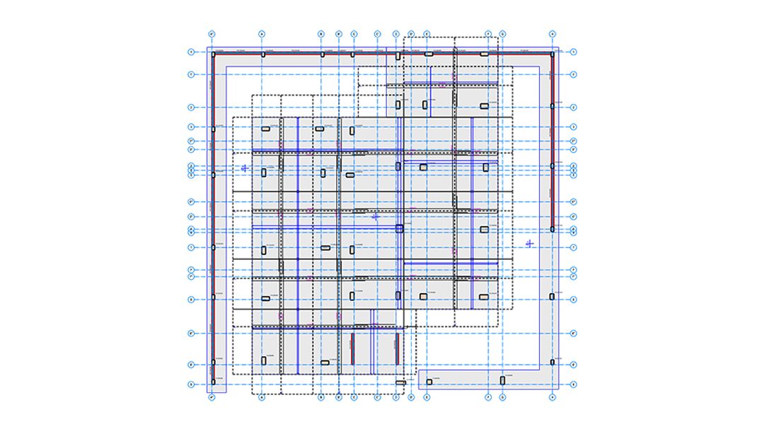 Plan de structure montrant les axes, les positions des poteaux et l'implantation des poutres dans le logiciel BIM