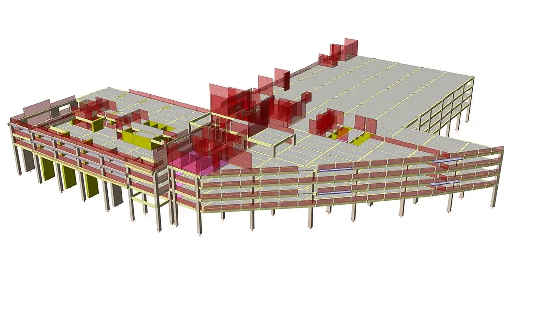 Modèle structurel d'un parking à étages avec rives de dalle incurvées et voiles de contreventement rouges