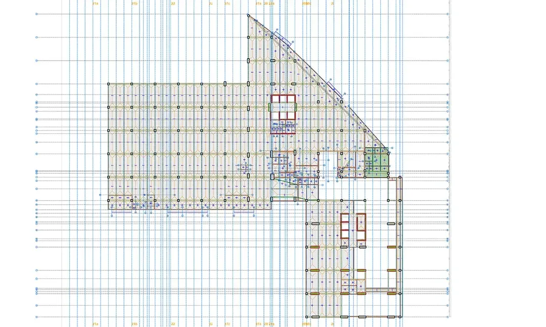 Plan de structure d'un niveau de parking avec la trame de poteaux sur une emprise en biais