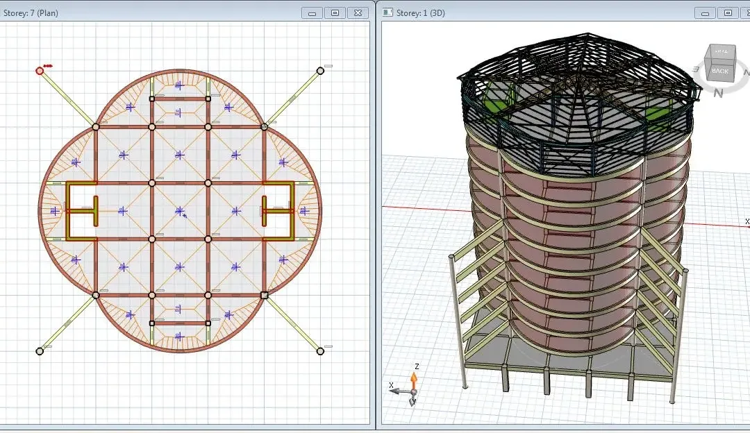 Écran ProtaStructure montrant un plan circulaire à côté du modèle 3D d'une tour cylindrique