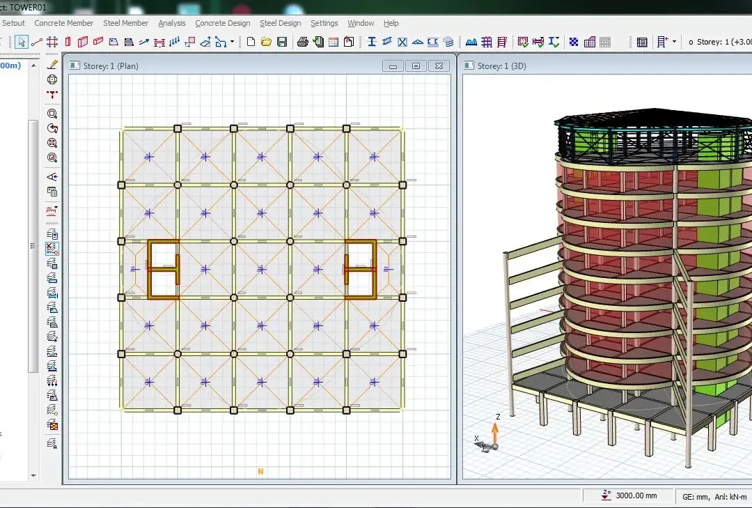 Interface ProtaStructure avec la liste des niveaux, le plan et la vue 3D du modèle d'une tour cylindrique