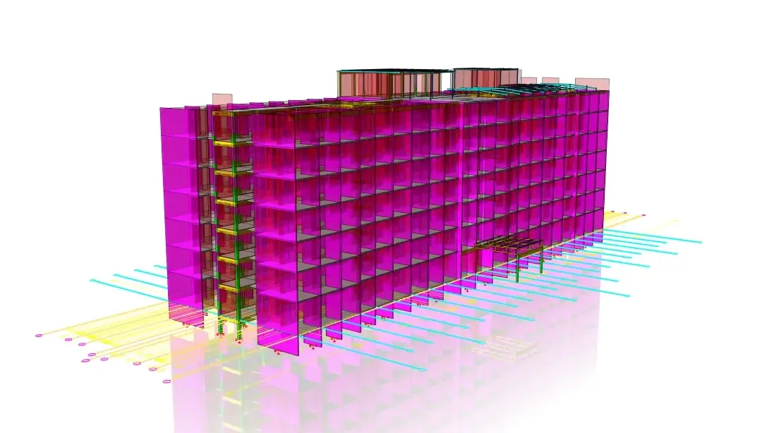 Modèle de long bloc d'habitation montrant l'implantation complète des voiles de contreventement à chaque niveau