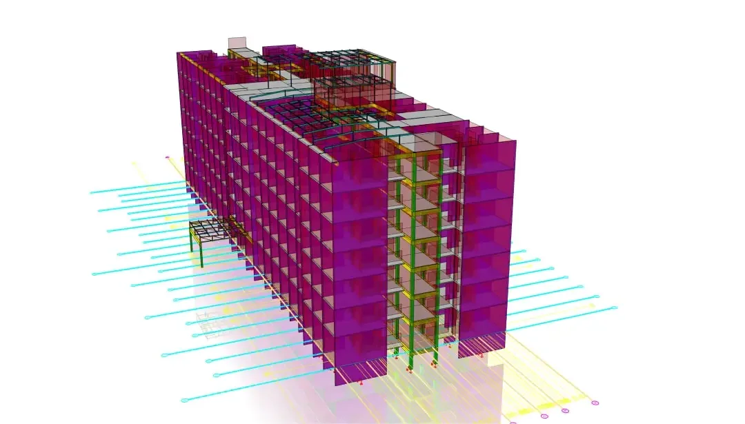 Modèle de bloc d'habitation vu de l'angle, montrant la trame des voiles de contreventement et la zone technique en toiture
