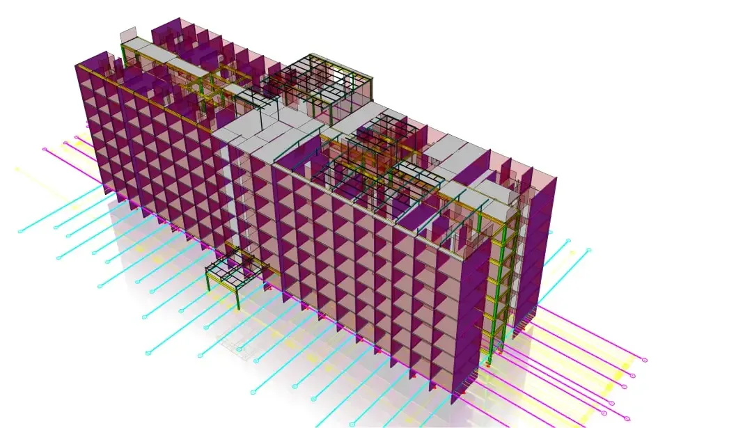 Modèle structurel d'un long bloc d'habitation avec voiles de contreventement magenta au-dessus d'une fondation sur pieux
