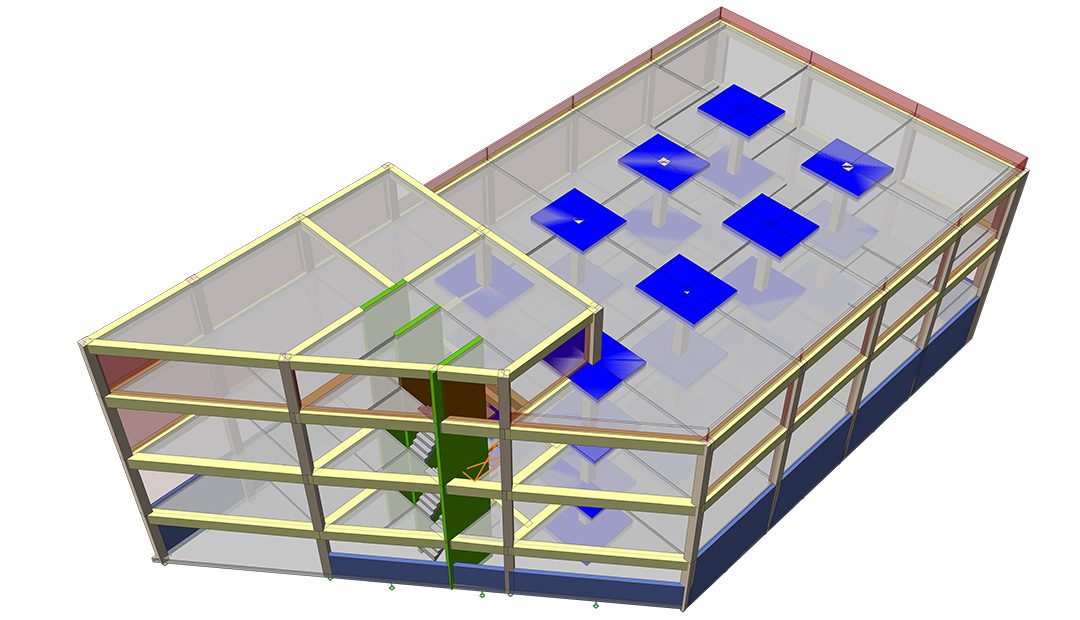 Modèle BIM structurel isométrique d'un immeuble de bureaux trapézoïdal à plusieurs niveaux montrant poteaux, poutres et dalles