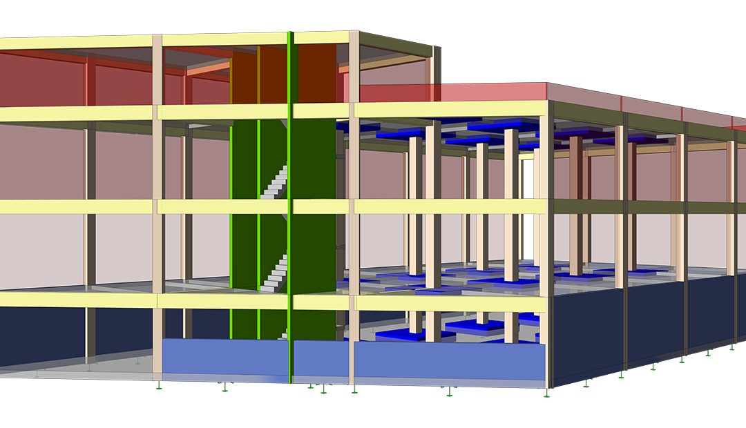 Modèle BIM 3D isométrique d'une ossature en béton armé à plusieurs niveaux montrant poteaux, poutres et voiles de contreventement