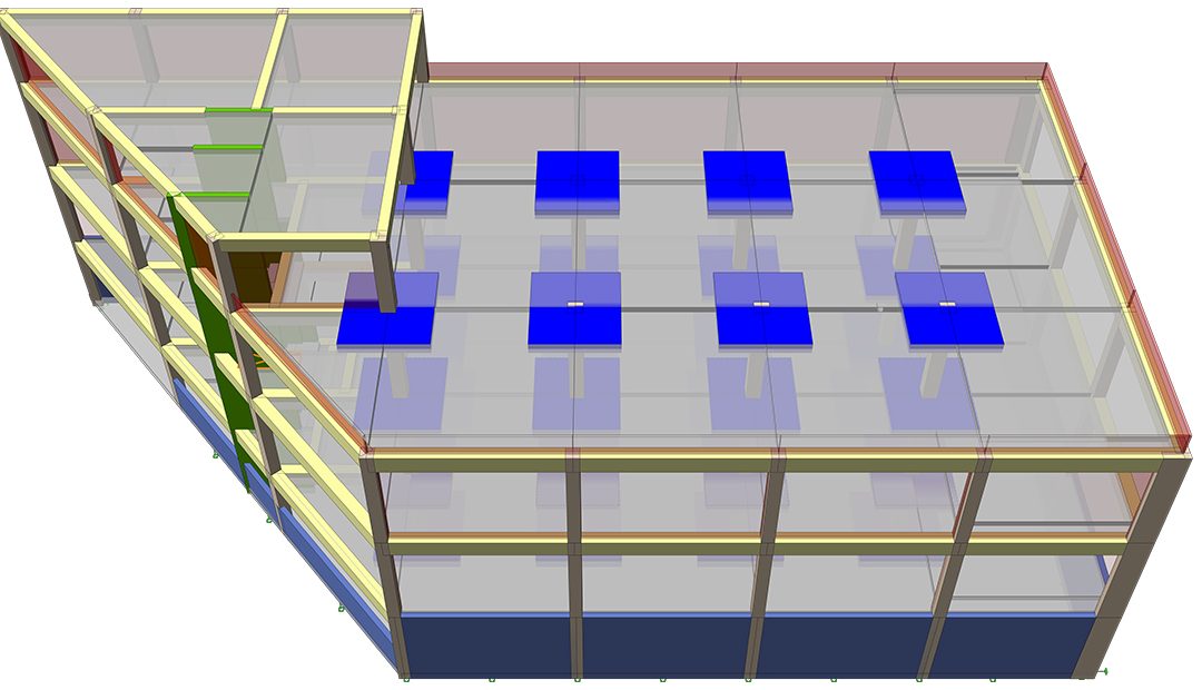 Modèle BIM structurel isométrique d'un immeuble de bureaux trapézoïdal en béton armé à plusieurs niveaux, avec poutres et poteaux