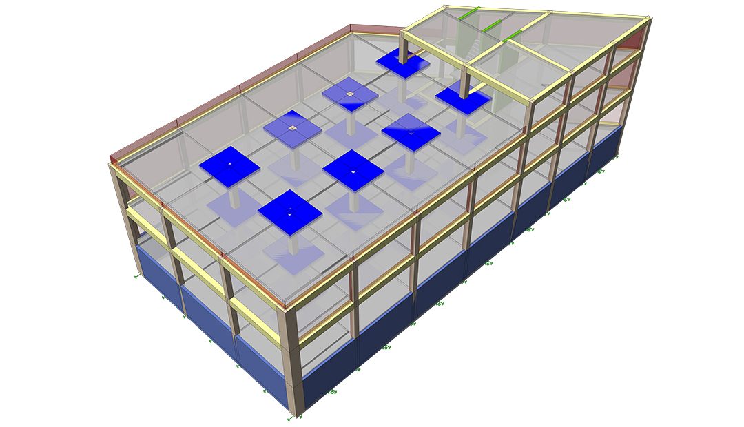 Modèle BIM structurel isométrique d'un bâtiment en béton à plusieurs niveaux avec chapiteaux de dalle-champignon sur les poteaux