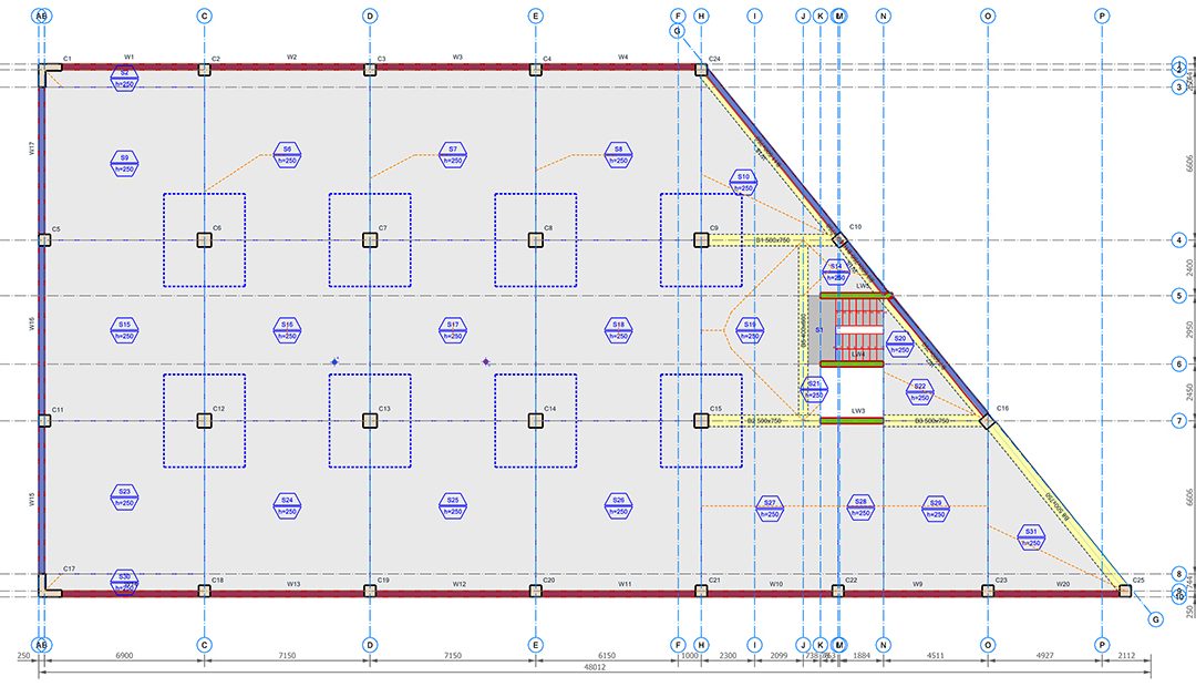 Plan de structure 2D montrant les axes, les poteaux, les repères de poutres et les cotes d'un bâtiment trapézoïdal