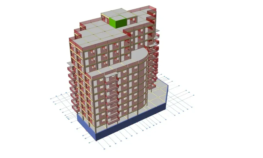 Modèle d'immeuble résidentiel avec balcons incurvés et voiles de contreventement au-dessus d'un caisson de sous-sol bleu