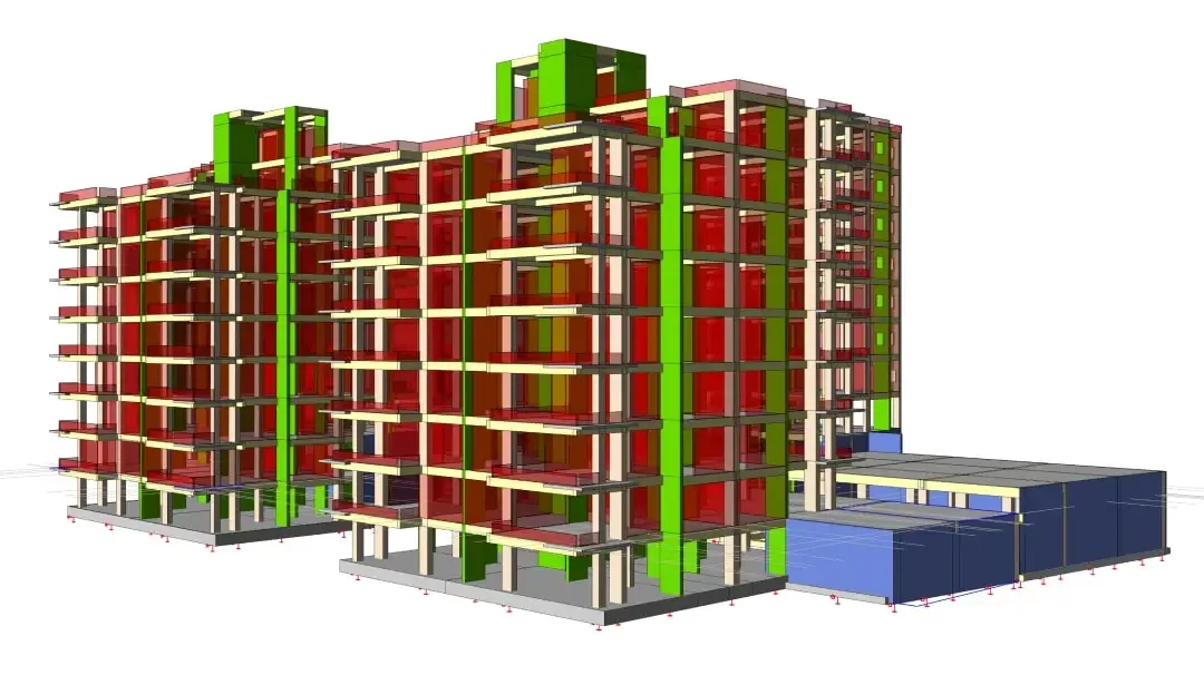 Deux blocs résidentiels modélisés avec noyaux verts et murs rouges au-dessus d'un podium bleu commun