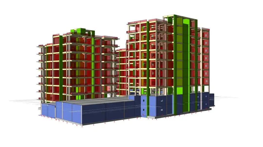 Deux blocs résidentiels modélisés au-dessus d'un podium bleu, avec des noyaux verts sur toute la hauteur