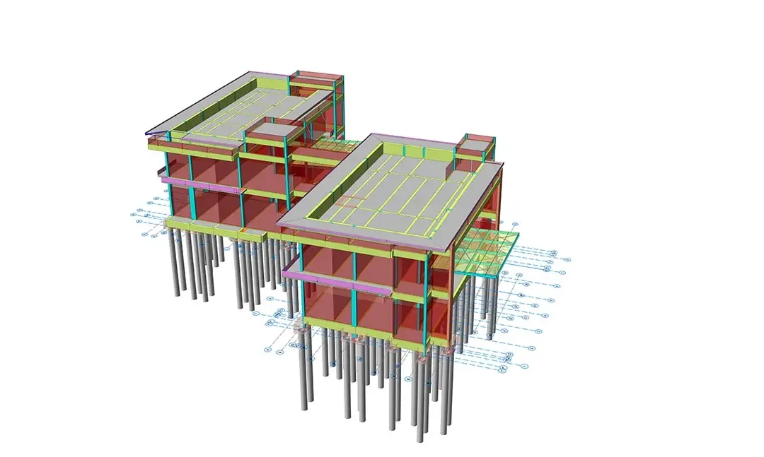 Modèle structurel d'un immeuble résidentiel à deux ailes porté par une fondation sur pieux dense