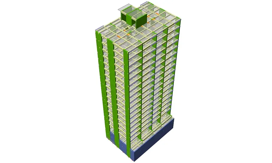 Modèle structurel d'une tour résidentielle avec voiles de contreventement verts sur toute la hauteur du bâtiment