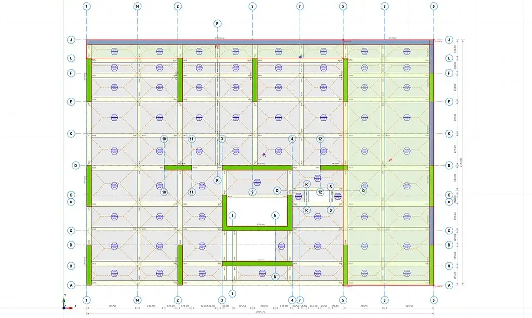 Plan de structure d'une tour résidentielle avec les voiles de contreventement teintés en vert sur la trame de poteaux