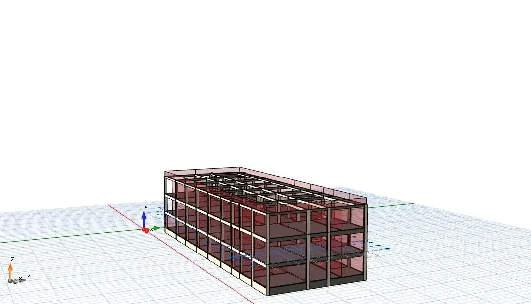 Modèle de long complexe commercial montrant les travées structurelles répétées sur toute la longueur du bâtiment