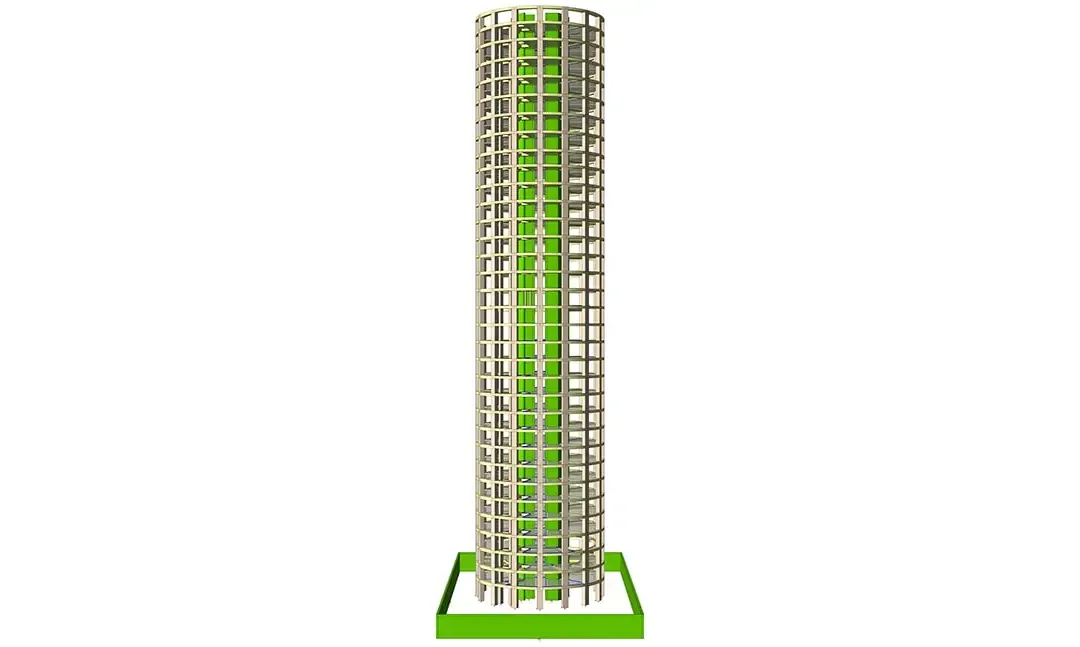 Modèle structurel d'une tour cylindrique avec dalle de base verte et planchers circulaires superposés