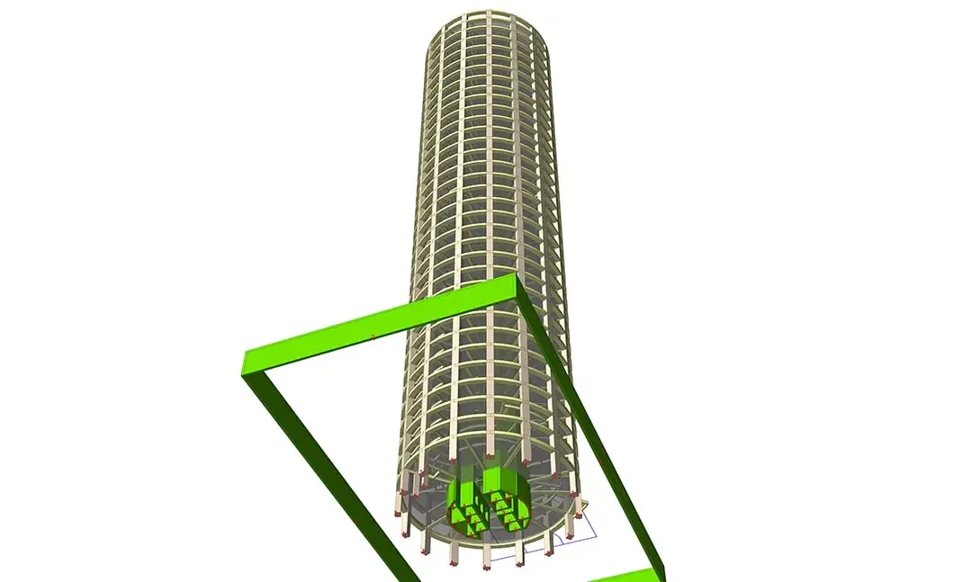 Modèle de tour cylindrique présenté par rapport à la limite de parcelle, avec la structure du noyau à la base