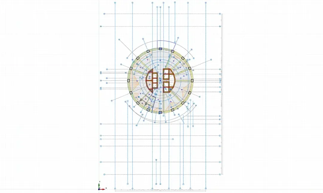 Plan de structure d'un niveau de tour circulaire avec poutres radiales autour du noyau central
