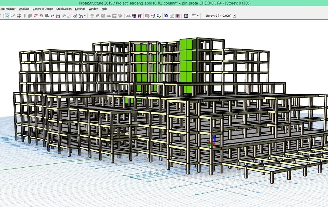 Écran ProtaStructure montrant le modèle 3D d'un hôpital avec son podium et ses blocs supérieurs