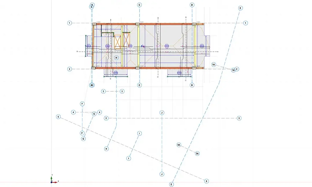 Plan de structure d'un centre d'exposition montrant le bloc à ossature et les axes radiaux