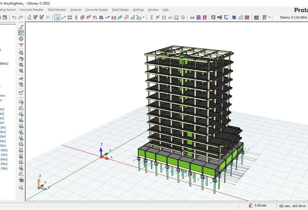 Écran ProtaStructure montrant le modèle 3D d'une tour résidentielle avec voiles de noyau verts