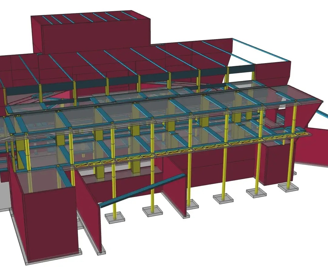 Modèle de bâtiment de campus avec une partie de toiture inclinée au-dessus de la salle et les ailes d'enseignement latérales