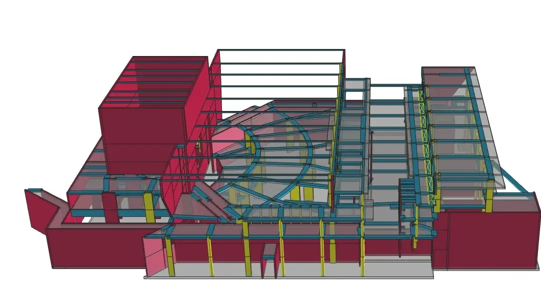 Modèle structurel d'un bâtiment de campus avec une aile d'auditorium incurvée reliée aux blocs d'enseignement