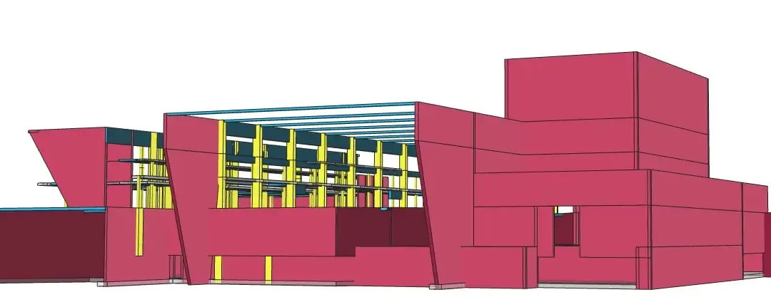 Élévation d'un bâtiment de campus montrant le mur de façade incliné et la structure de la salle à l'arrière