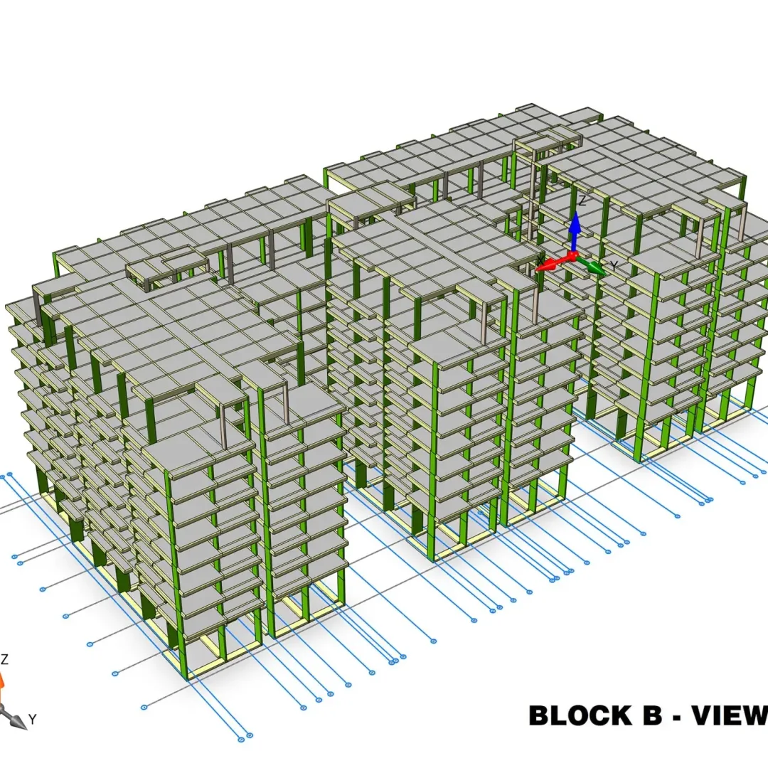 Modèle BIM structurel 3D isométrique montrant poteaux, poutres et dalles de plancher d'un immeuble résidentiel à plusieurs niveaux, Bloc B