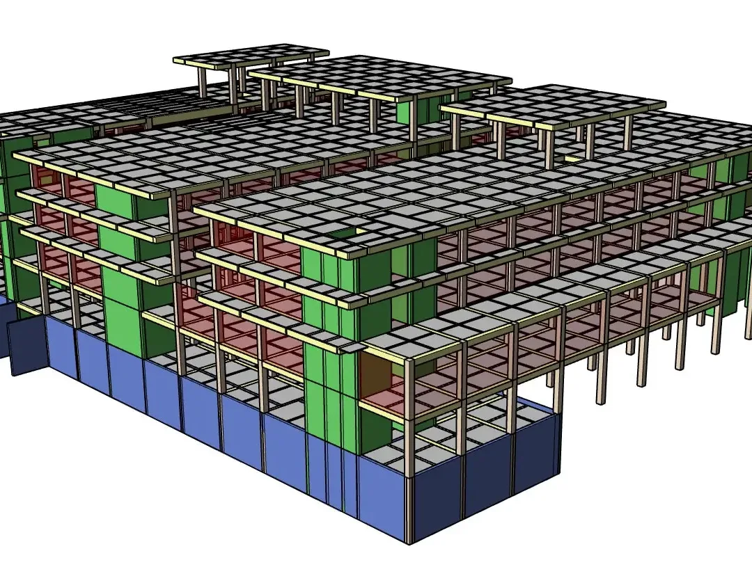 Vue isométrique du modèle BIM structurel d'un bâtiment complexe à plusieurs niveaux montrant poteaux, dalles et voiles de contreventement