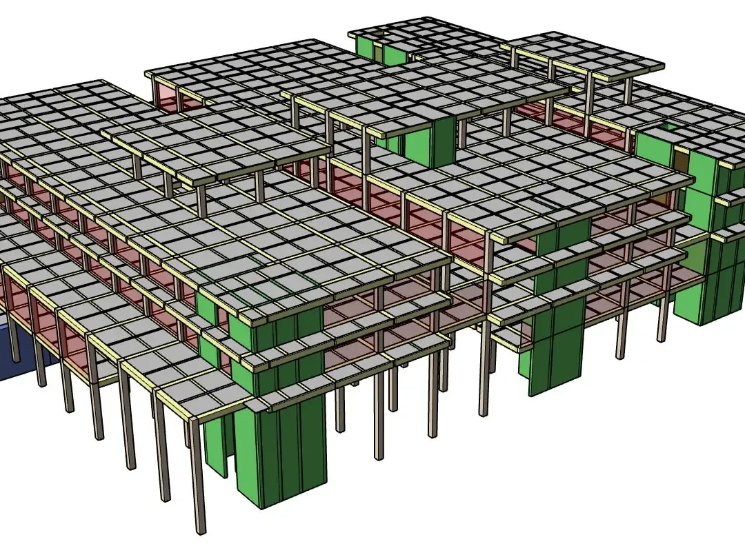 Modèle BIM structurel isométrique des installations de maintenance, réparation et révision de THY montrant une ossature complexe de dalles et poteaux sur plusieurs niveaux