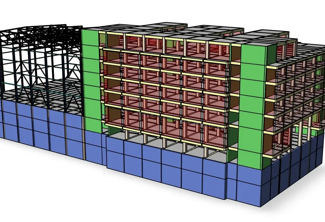 Vue isométrique du modèle BIM structurel 3D des installations de maintenance, réparation et révision de THY montrant les ossatures métalliques et les noyaux en béton