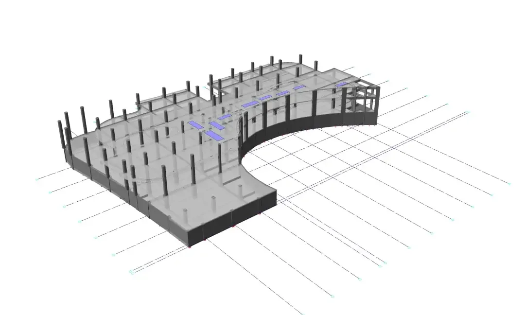 Modèle BIM structurel 3D isométrique montrant poteaux, dalles de plancher et tracé courbe du TOGG – Parc de transformation de la mobilité-II