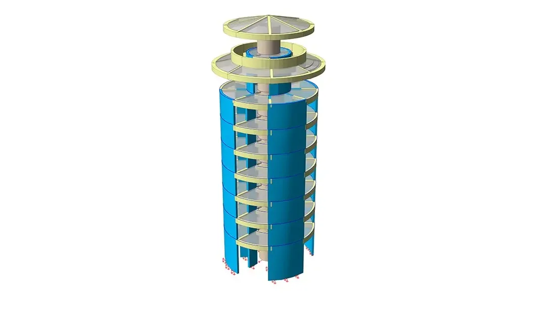 Modèle de tour cylindrique avec deux auvents de toiture circulaires superposés au-dessus de la structure en coque