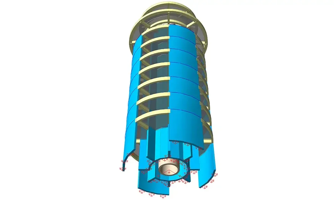 Modèle de tour cylindrique en béton vu de dessous, montrant les segments du voile-coque et les planchers intérieurs
