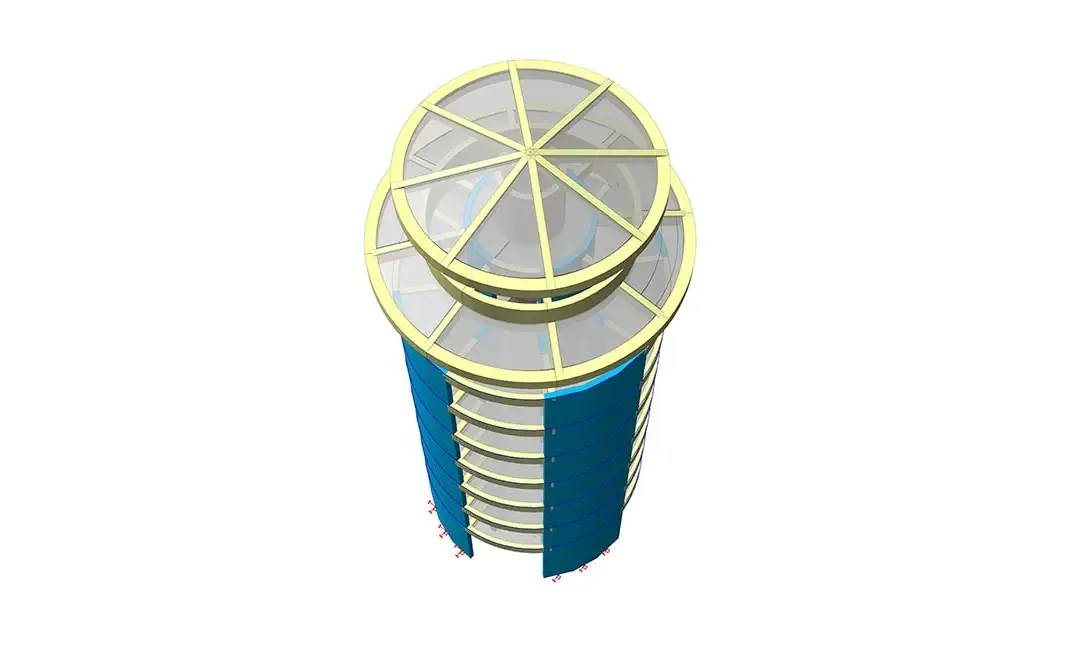 Modèle structurel d'une tour cylindrique avec voile-coque segmenté et ossature de toiture radiale
