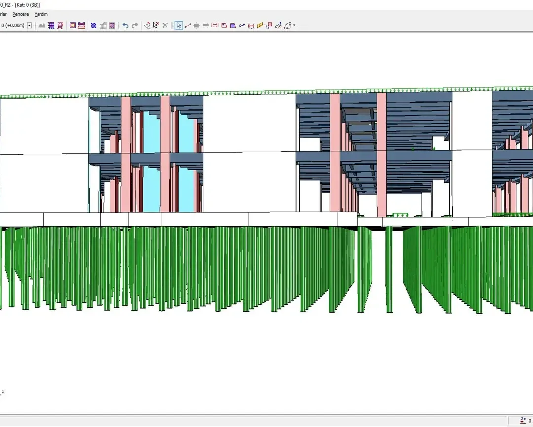 Interface ProtaStructure montrant le modèle structurel 3D du centre de données avec fondations sur pieux vertes